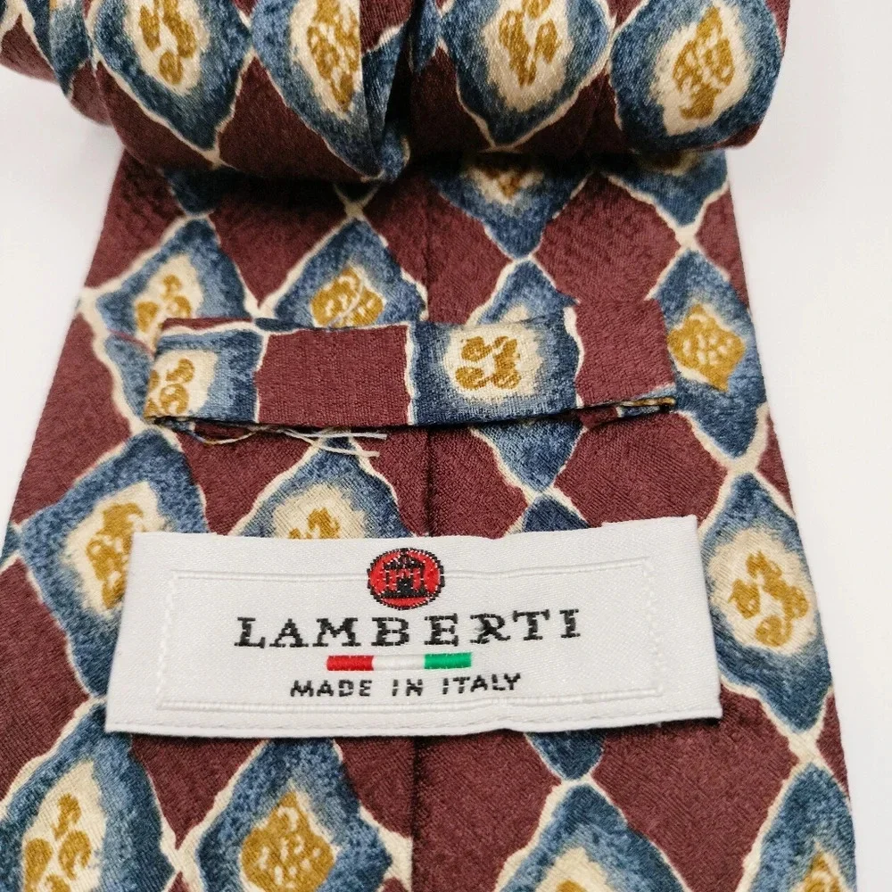 Lamberti Men's Tie Silk Maroon Blue Gold Geometric Pattern Made in Italy